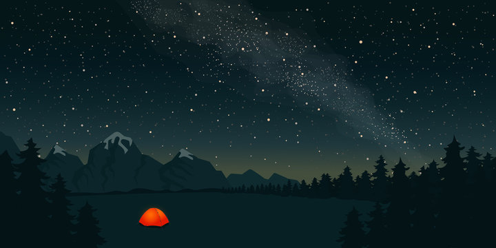 Orange Tent With A Burning Light Inside Stands In A Clearing Under The Starry Sky.  On The Horizon Mountains And Forest. Concept Of A Beautiful Starry Night Sky And The Milky Way. Vector Illustration