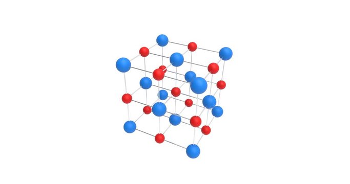 Crystal structure rotates. Sodium chloride rock salt. 4K resolution. 3D Illustration.	