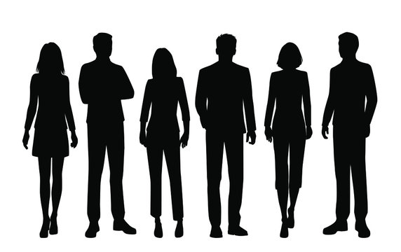 Set of vector silhouettes of  men and a women, a group of standing business people,  black color isolated on white background