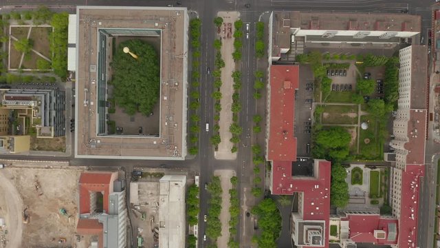 AERIAL: Overhead Birds View of Empty European City Street in Berlin Central during Coronavirus COVID-19 Pandemic on May 16th 2020