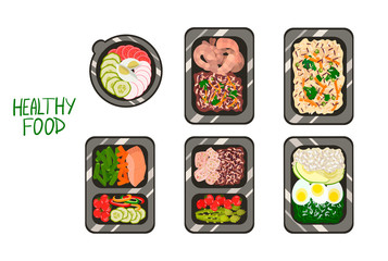 Vector illustration with a prepared meal. A portion of food in a container, snacks, and vegetables. Nutrition for a healthy lifestyle. Healthy food. One week meal prep.
