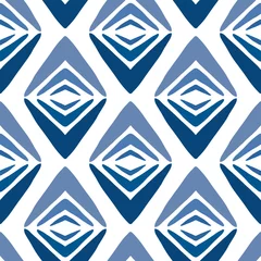 Wallpaper murals Rhombuses Blue ink rhombuses isolated on white background. Geometric seamless pattern. Hand drawn vector graphic illustration. Texture.