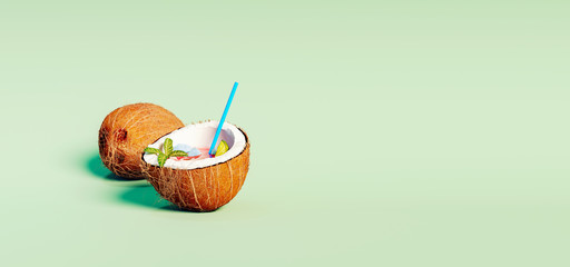Coconut filled with cocktail drink with decoration on green background 3D Rendering