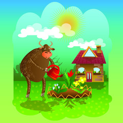 bull, symbol of the year, 2021, water, flowerbed, spring, vector illustration, cartoon