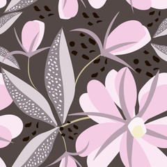 Vector floral seamless pattern. Simple abstract texture with doodle flowers, leaves, twigs, hand drawn elements. Background in pink and gray color. Stylish modern design for decor, print, textile