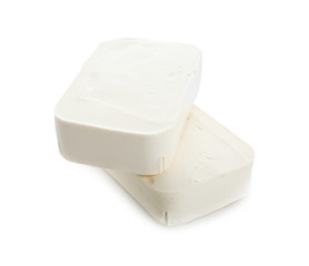 Tasty feta cheese on white background