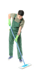 Male janitor with mop on white background