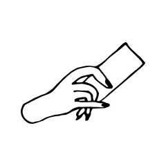 Hand drawn doodle illustration of palm, hand with ticket. Human concept design. Pointer sign, vector gesture
