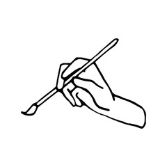 Hand drawn doodle illustration of palm, hand with artist brush. Human concept design. Pointer sign, vector gesture