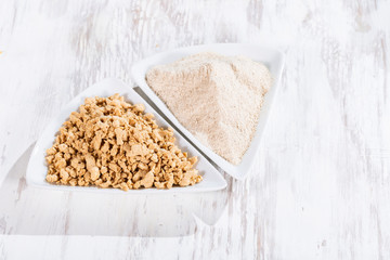 Soy protein textured on old wooden