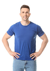 Obraz premium Man in stylish t-shirt on white background