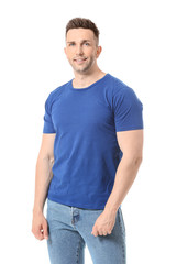 Fototapeta premium Man in stylish t-shirt on white background