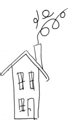 Kid style line drawing of a house with chimney and smoke