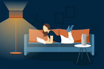 Fototapeta na wymiar Illustration of a girl who reads while lying on a sofa at night under the light of a lamp. Drawn in flat style, in blue and orange colors. Cartoon concept motivating to read while at home. For sites
