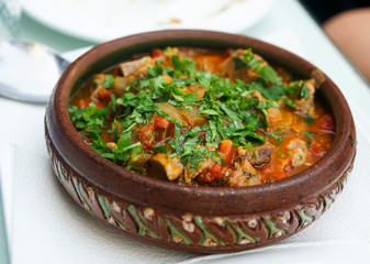 Close-up of a healthy dish of beef stew on a ceramic plate in Georgia 