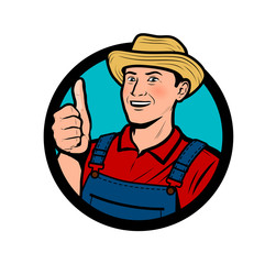 Farm, agriculture logo. Happy farmer shows thumbs up vector illustration
