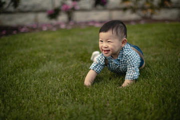 Cute asian boy playing alone in the park on the green grass