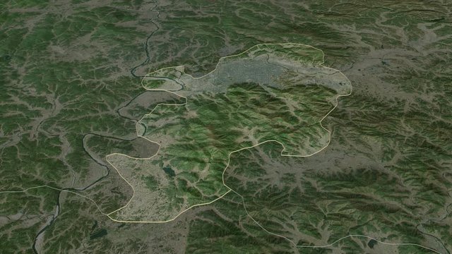 Daegu, metropolitan city with its capital, zoomed and extruded on the satellite map of South Korea in the conformal Stereographic projection. Animation 3D