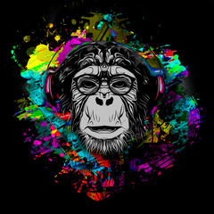 Colorful artistic monkey in eyeglasses with colorful paint splatters on white background