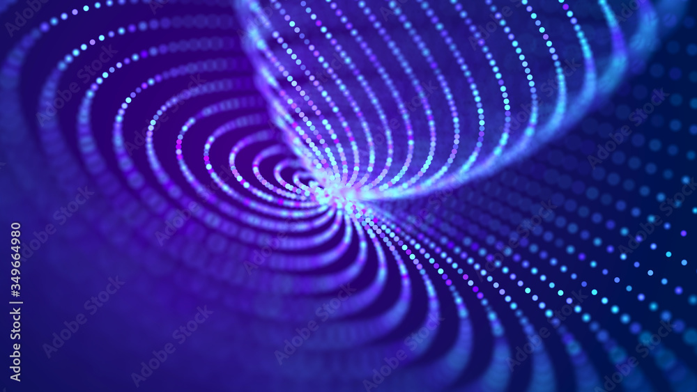 Poster Big data visualization. The musical stream of sounds. Abstract background with interweaving of dots . 3D rendering.
