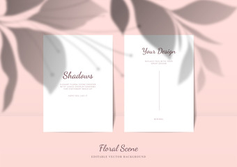 Elegant cards mockup with floral overlay shadows. Editable empty stationery card vector scene with flowers background