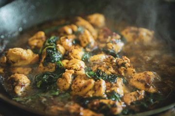 Thai basil checken in frying pan