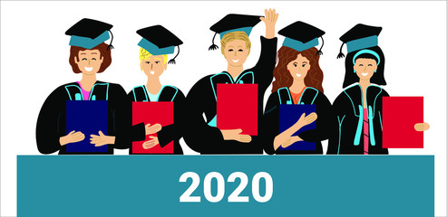 Happy graduate students with diploma. 5 person young women and men. Graduate ceremony campus, college, school. Hand drawn illustration.