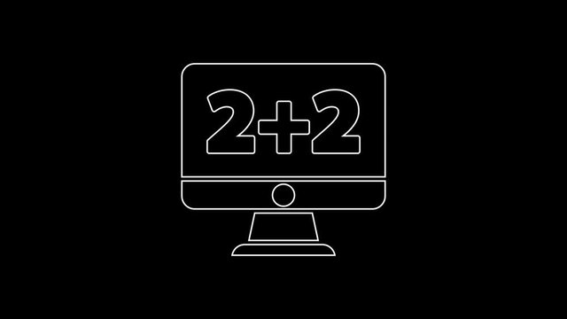 White line Math system of equation solution on computer monitor icon isolated on black background. 4K Video motion graphic animation