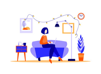 Young woman sitting with laptop at home. Vector illustration of distance learning, working.
