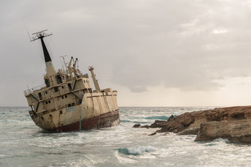 Abandoned shipwreck Edro at sunset in Peja near Paphos, Cyprus