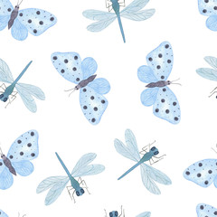 Blue watercolor tender butterflies and dragonfly repeat pattern on the white background, seamless simple hand drawn ornament, summer nature souvenirs for textile, scrapbooking, gift paper