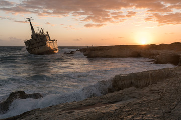 Abandoned shipwreck Edro at sunset in Peja near Paphos, Cyprus