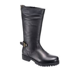 women's leather black boots with buckles isolated on white background