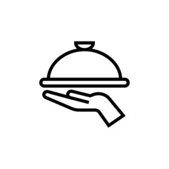 Covered food tray on a hand of hotel room service icon template,  Tray on the hand symbol vector sign in outline style isolated on white background