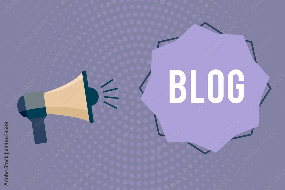 Poster Writing note showing Blog. Business concept for regularly updated website web page run by individual Megaphone with Sound Volume Effect icon and Blank 8 Pointed Star shape
