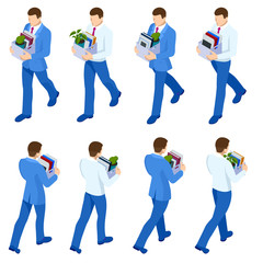 Isometric set of dismissed frustrated business person holding a box with his things. Unemployment, crisis, jobless and employee job reduction