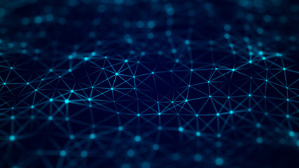 Abstract blue futuristic background. Big data visualization. Digital dynamic wave of particles. 3D rendering.