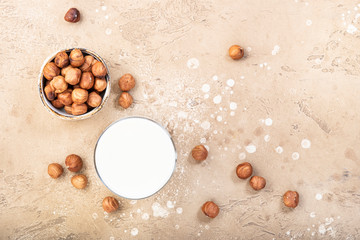Vegan Hazelnut nut milk in bottles, closeup, beige table background. Non dairy alternative milk. Healthy vegetarian food and drink concept. Copy space, top view