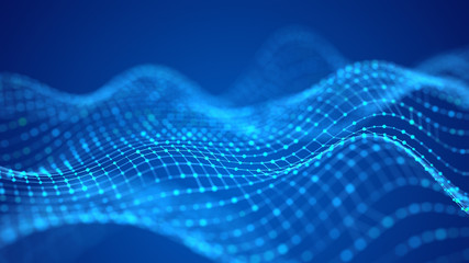 Digital dynamic wave. Abstract futuristic blue background with dots and lines. Big data visualization. 3D rendering.