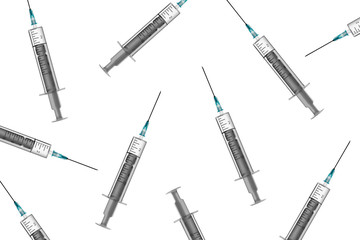 pattern of syringes on a white background, a lot of transparent syringes , medical concept, health care flat lay © Dmitry
