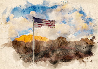 Watercolor painting of the American flag waving in the wind in front of mountain with blue sky and white clouds background