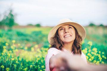 Woman hat smile. Woman nature. Flowers background. Smiling. Sensual. Love girl. Concept