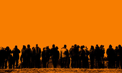 Orange background and people silhouette. No Safe distance