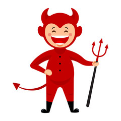 Little boy in halloween red devil costume. Vector illustration
