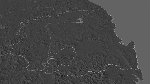 Gyeongsangbuk-do, province with its capital, zoomed and extruded on the bilevel map of South Korea in the conformal Stereographic projection. Animation 3D
