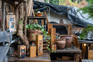 Neko-no-Hosomichi Cat Alley in Onomichi City. Lots of real and ornamental cats (fukuishi-neko),...