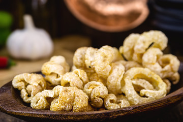 Pork cracklings, crispy and fried. Typical Brazilian food, known as crackling pururuca.