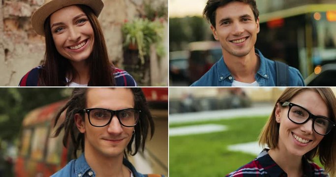 Collage of different young men and women on street. Pretty joyful Caucasian girl in hat smiling outdoor. Handsome male in glasses looking at camera. Beautiful female with smile on face in town.