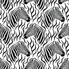 Zebra skin, striped pattern. Animal print, black and white texture. Monochrome seamless background. Vector illustration