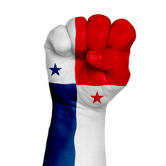 Low key picture of a fist painted in colors of panama flag